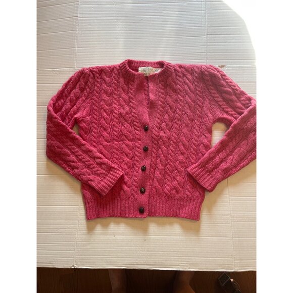 VTG-Susan Bristol-womens-S-pink-100%  Shetland Wool, Cable Knit Cardigan Sweater - Picture 1 of 14